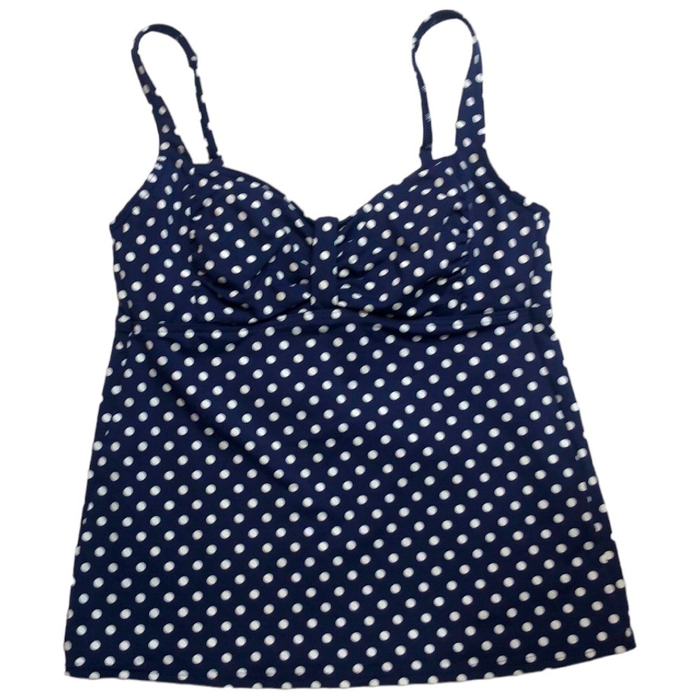 Lands' END Navy Blue & White Polka Dot Thin Strap Underwire Tankini Top - Size 8